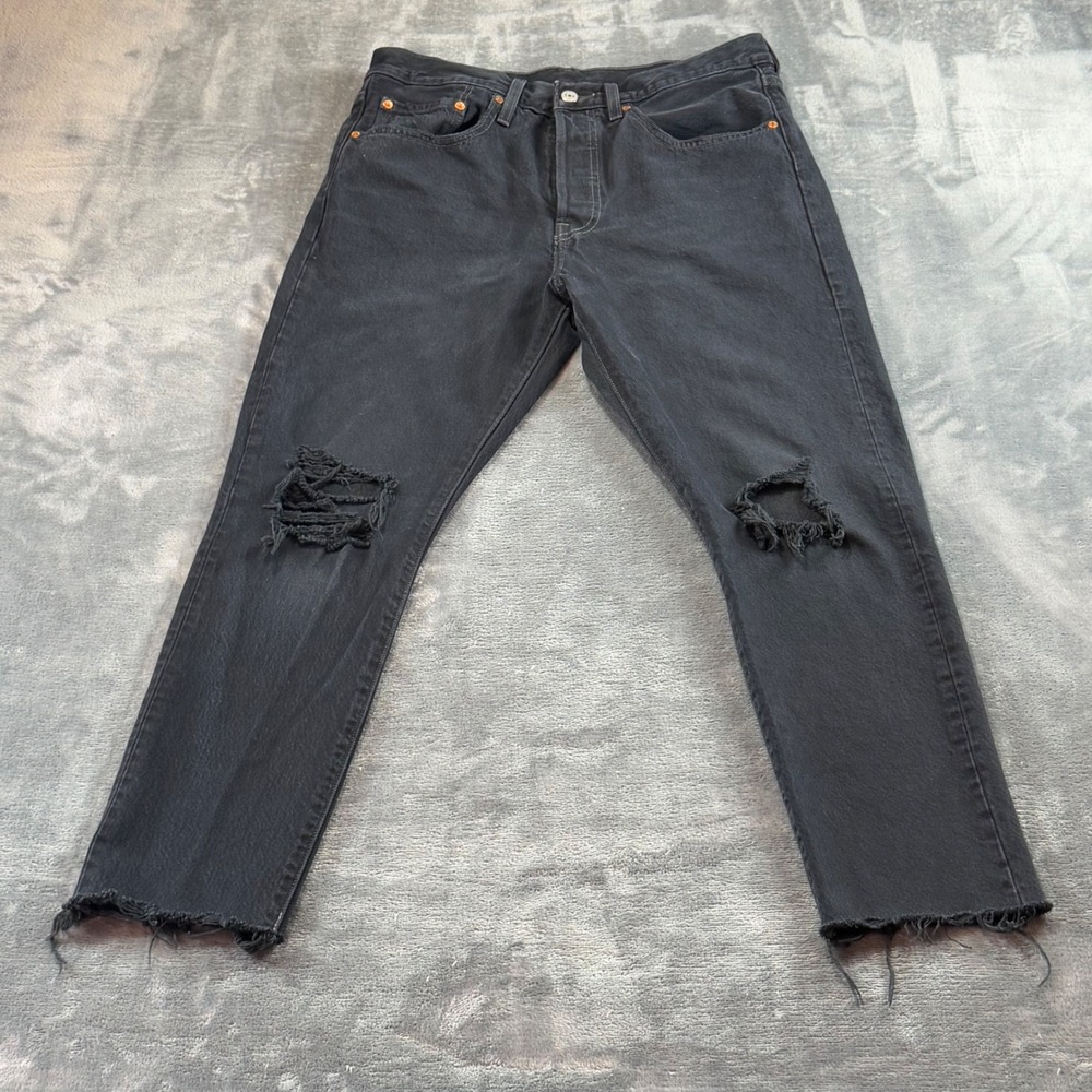 Levis Premium 501 Skinny Distressed Black Jeans W30 L28 Raw Hem High Rise